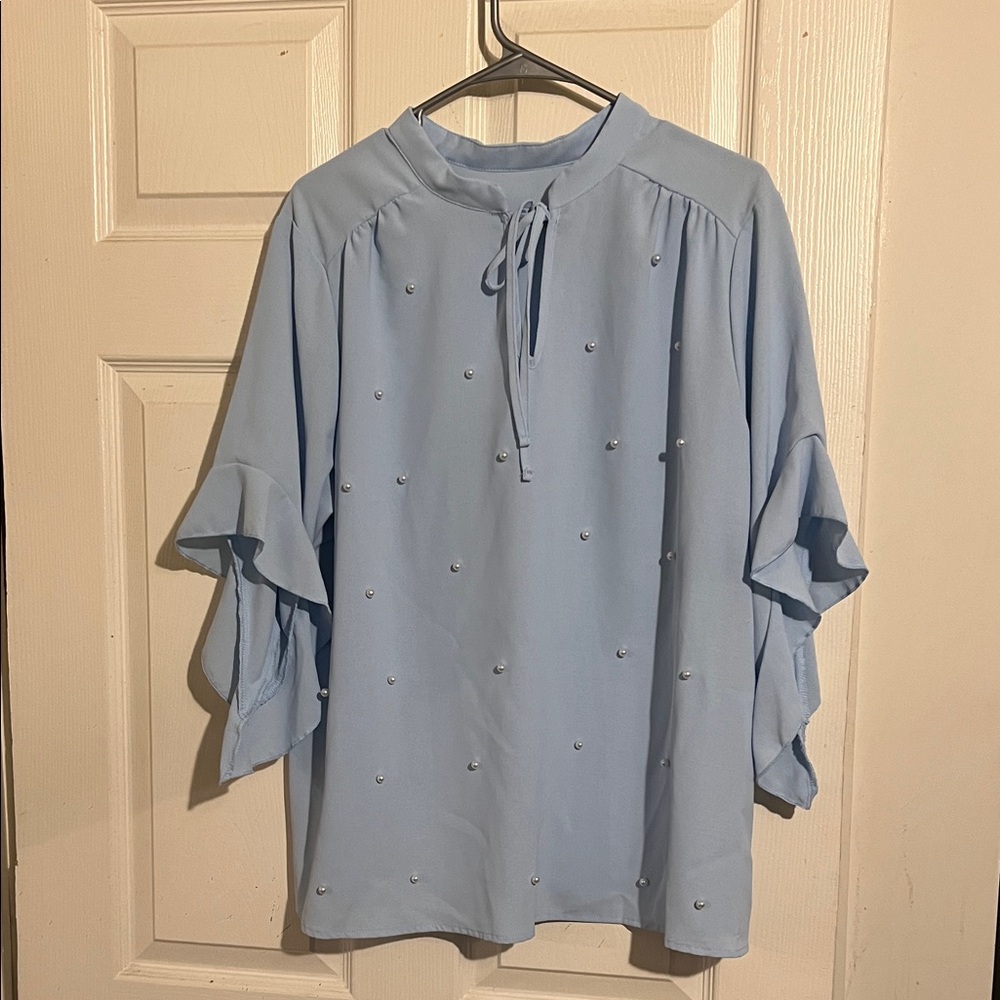 SHEIN Light Blue Blouse with Pearl Accents